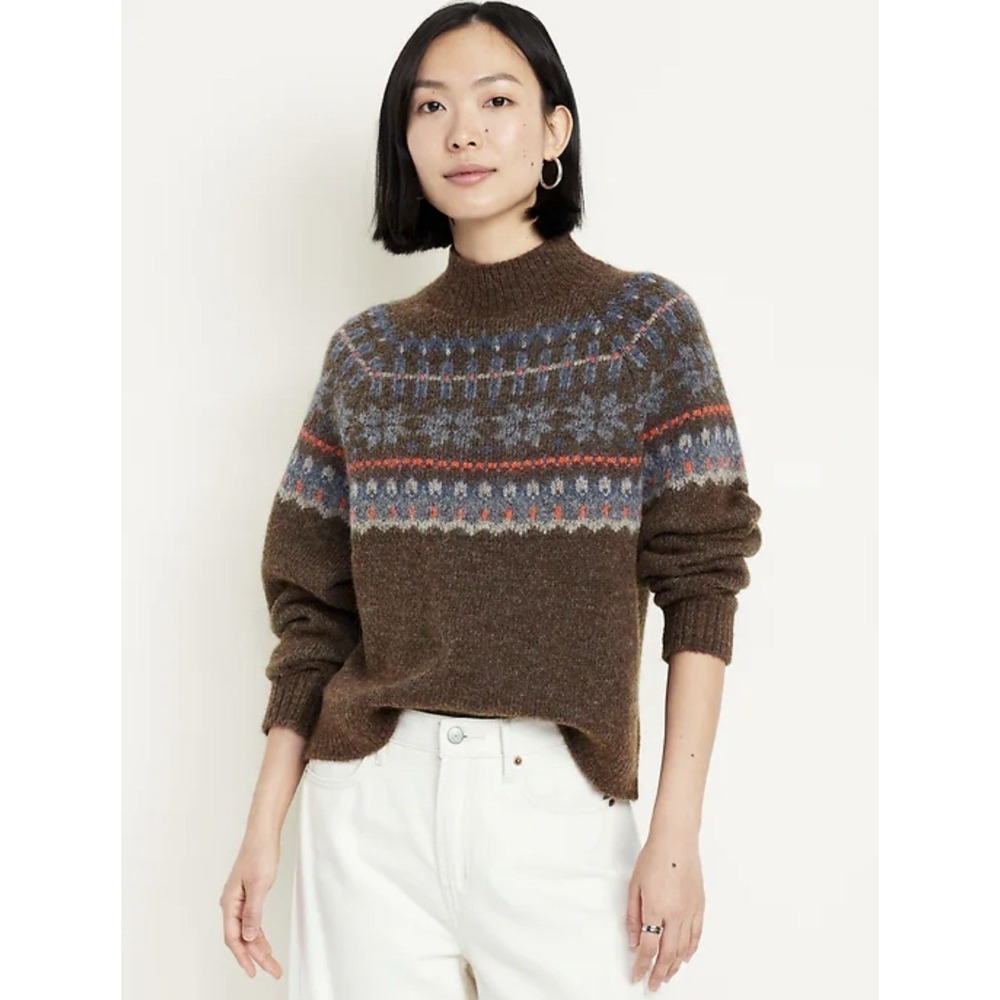 Old Navy Wool Blend Fair Isle Soft Mock neck‎ Sweater Women 2X Brown Boxy Boho